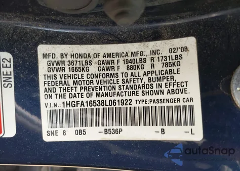 2008 Honda Civic Lx from USA, damaged, VIN 1HGFA16538L061922